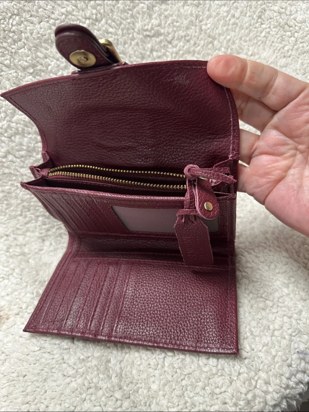 Pebbled Burgundy Genuine Leather Wallet with Buckle Strap, Whipstitch Details